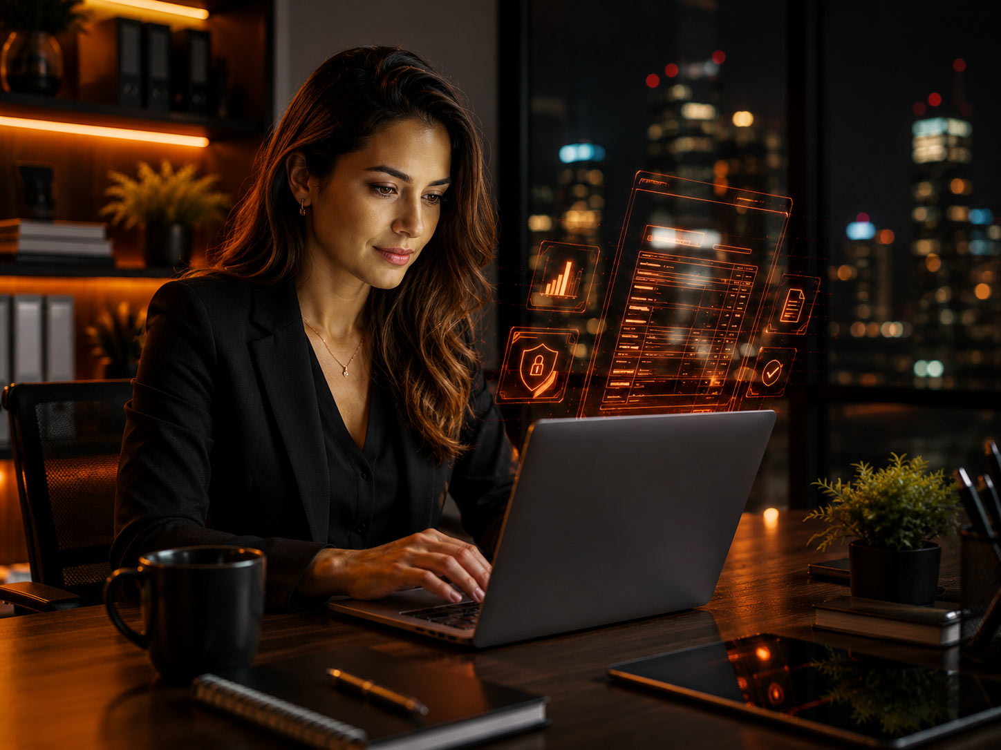 Ambiente corporativo moderno com documentos digitais, notas fiscais eletrônicas e certificado digital