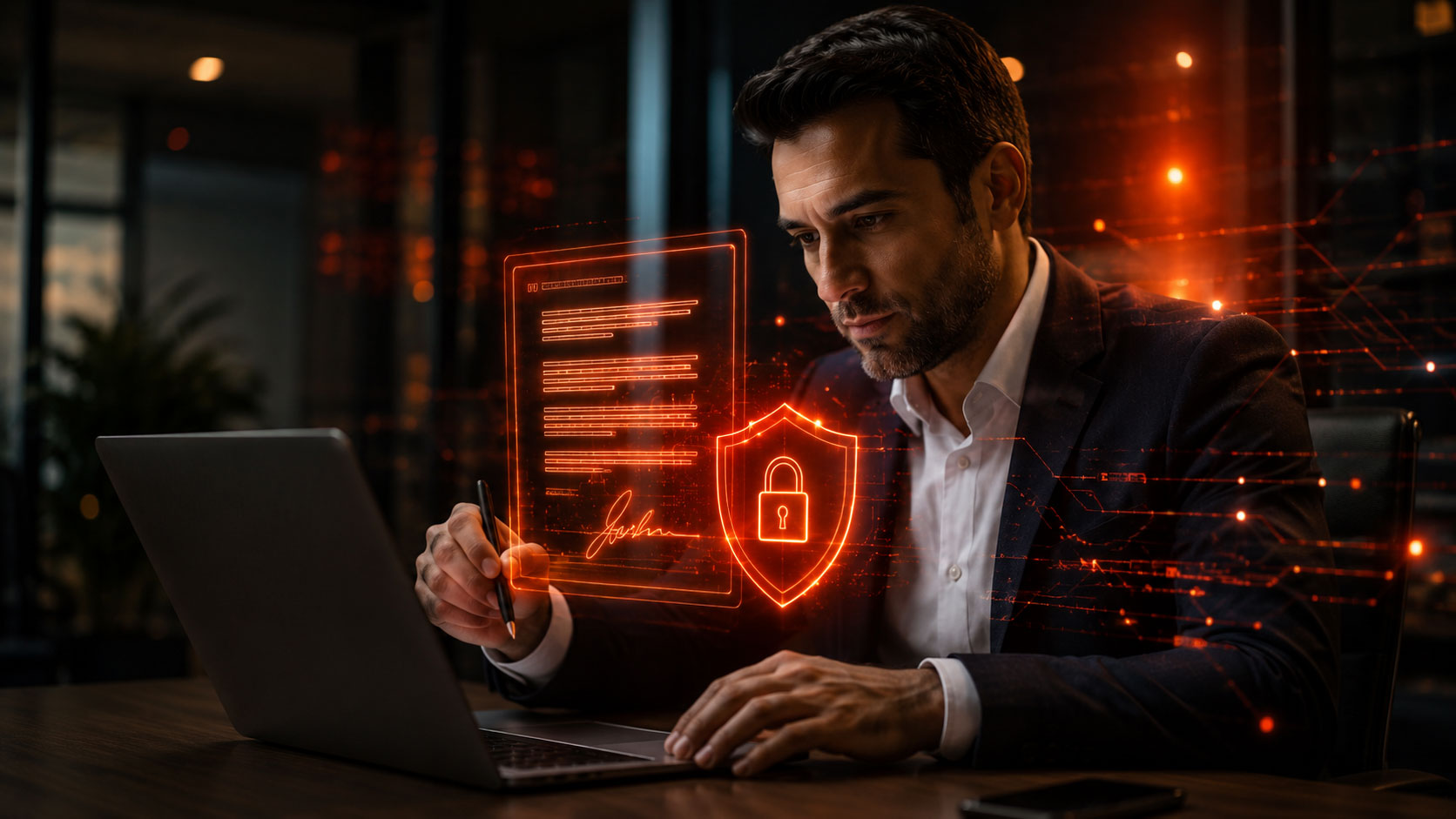 Profissional usando notebook com interface holográfica de certificado digital e segurança eletrônica